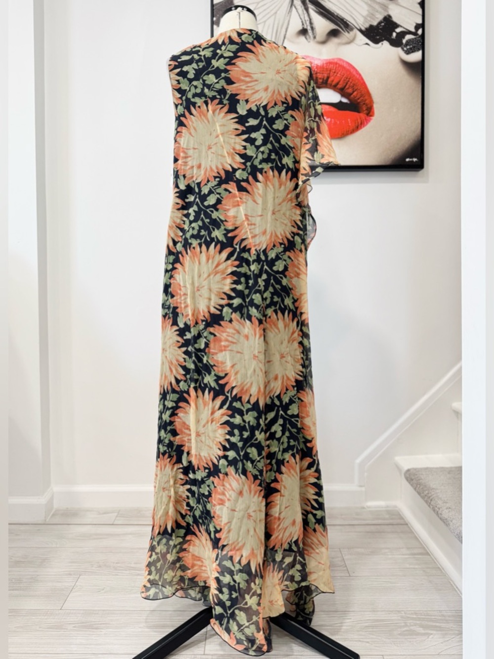 LOEWE Long Floral Print One-Sleeve Chiffon Silk Maxi Dress - Picture 8 of 16